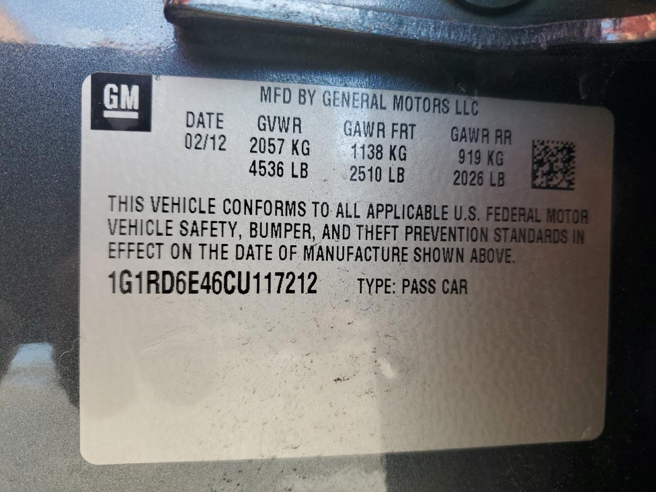 1G1RD6E46CU117212 2012 Chevrolet Volt