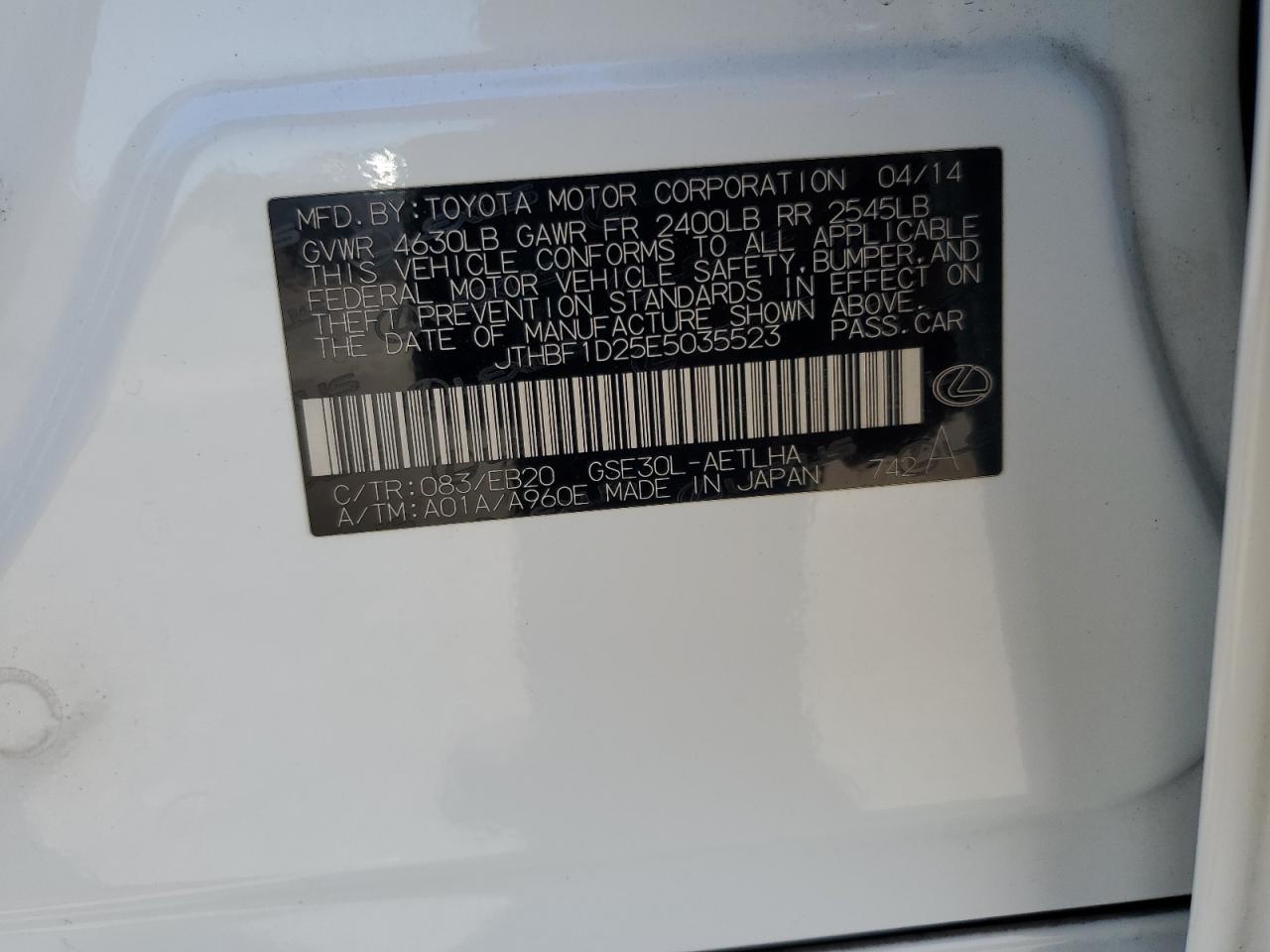 JTHBF1D25E5035523 2014 Lexus Is 250