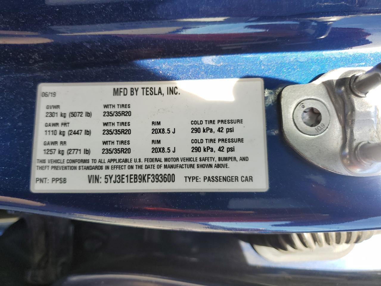 5YJ3E1EB9KF393600 2019 Tesla Model 3