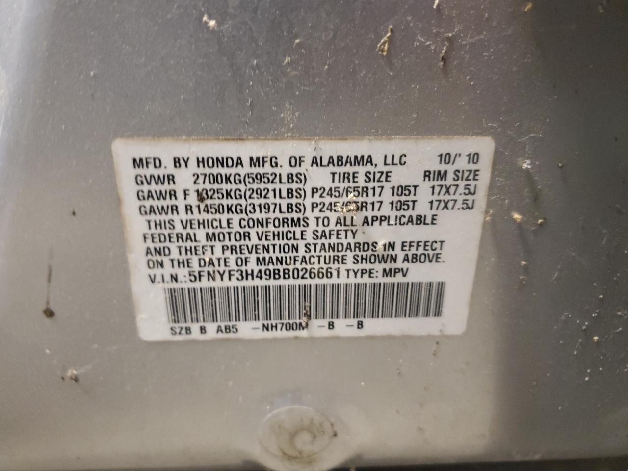 5FNYF3H49BB026661 2011 Honda Pilot Ex