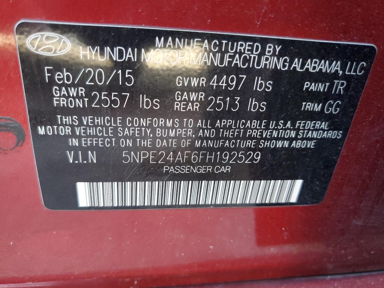 5NPE24AF6FH192529 2015 Hyundai Sonata Se