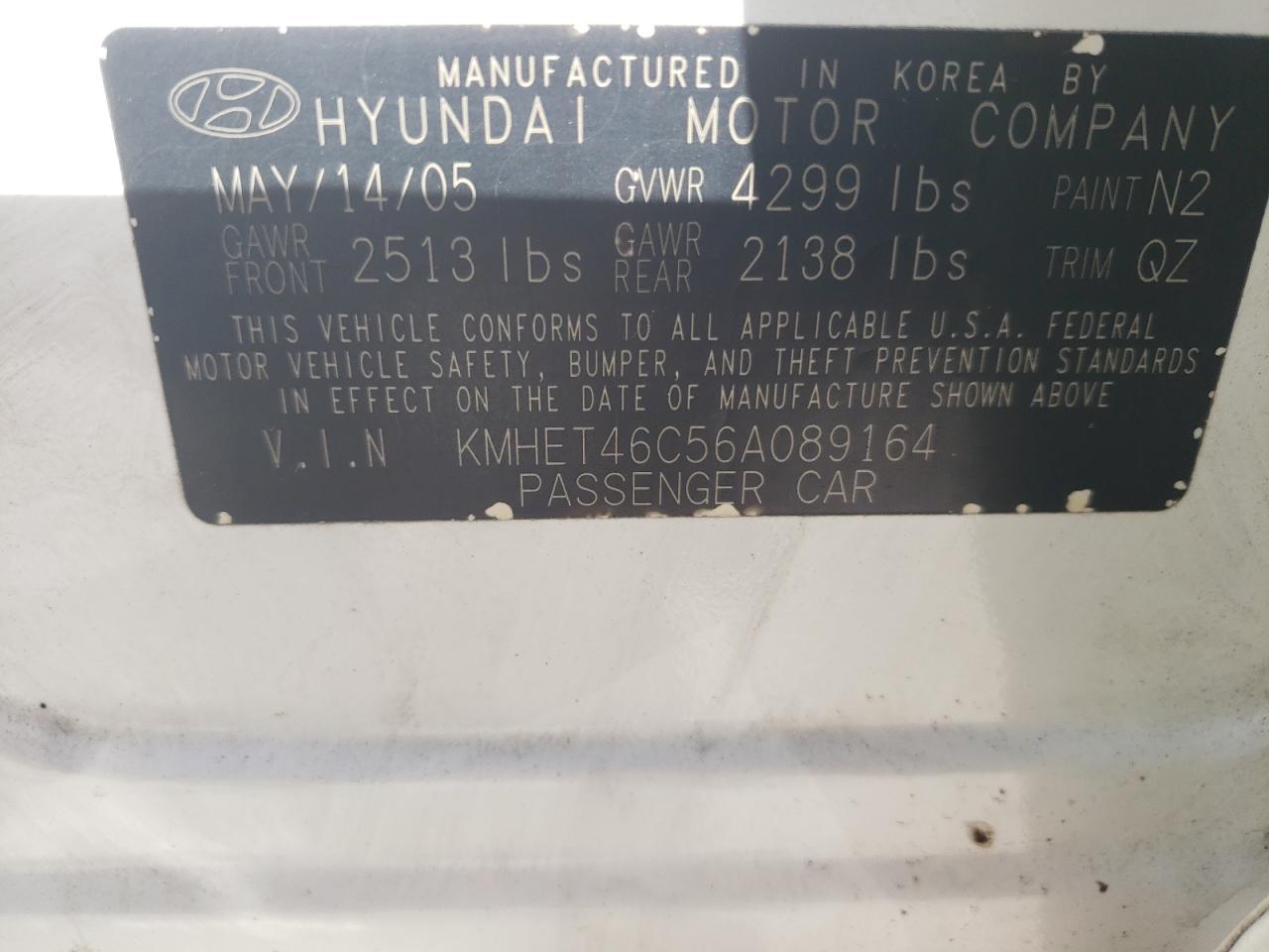 KMHET46C56A089164 2006 Hyundai Sonata Gl