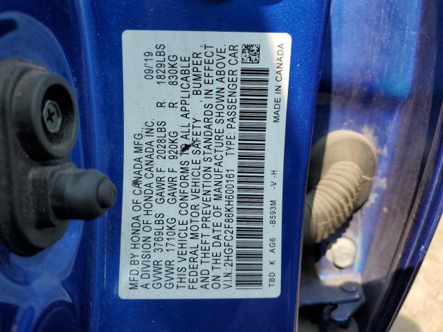 2HGFC2F86KH600161 2019 HONDA CIVIC