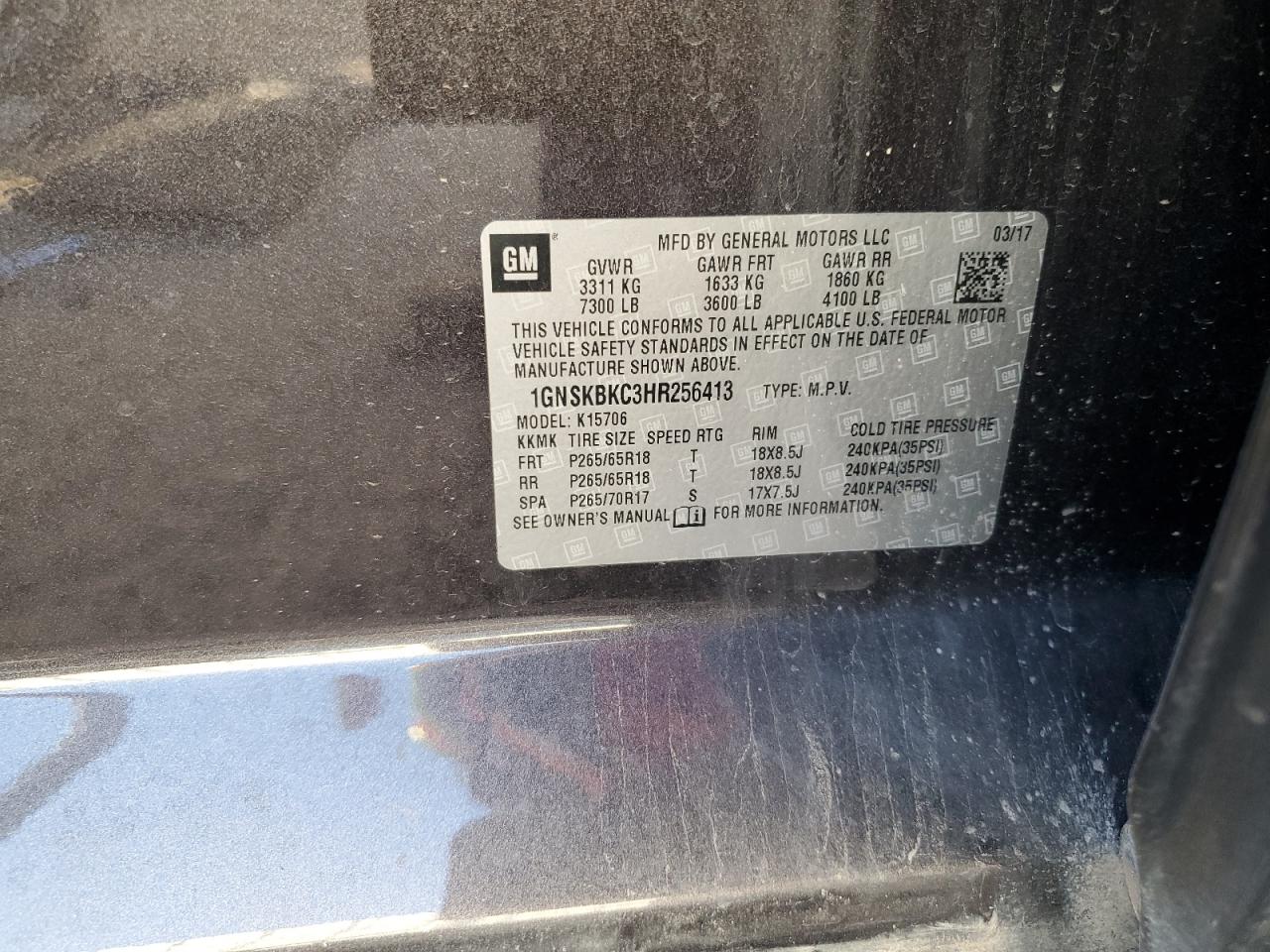 1GNSKBKC3HR256413 2017 Chevrolet Tahoe K1500 Lt