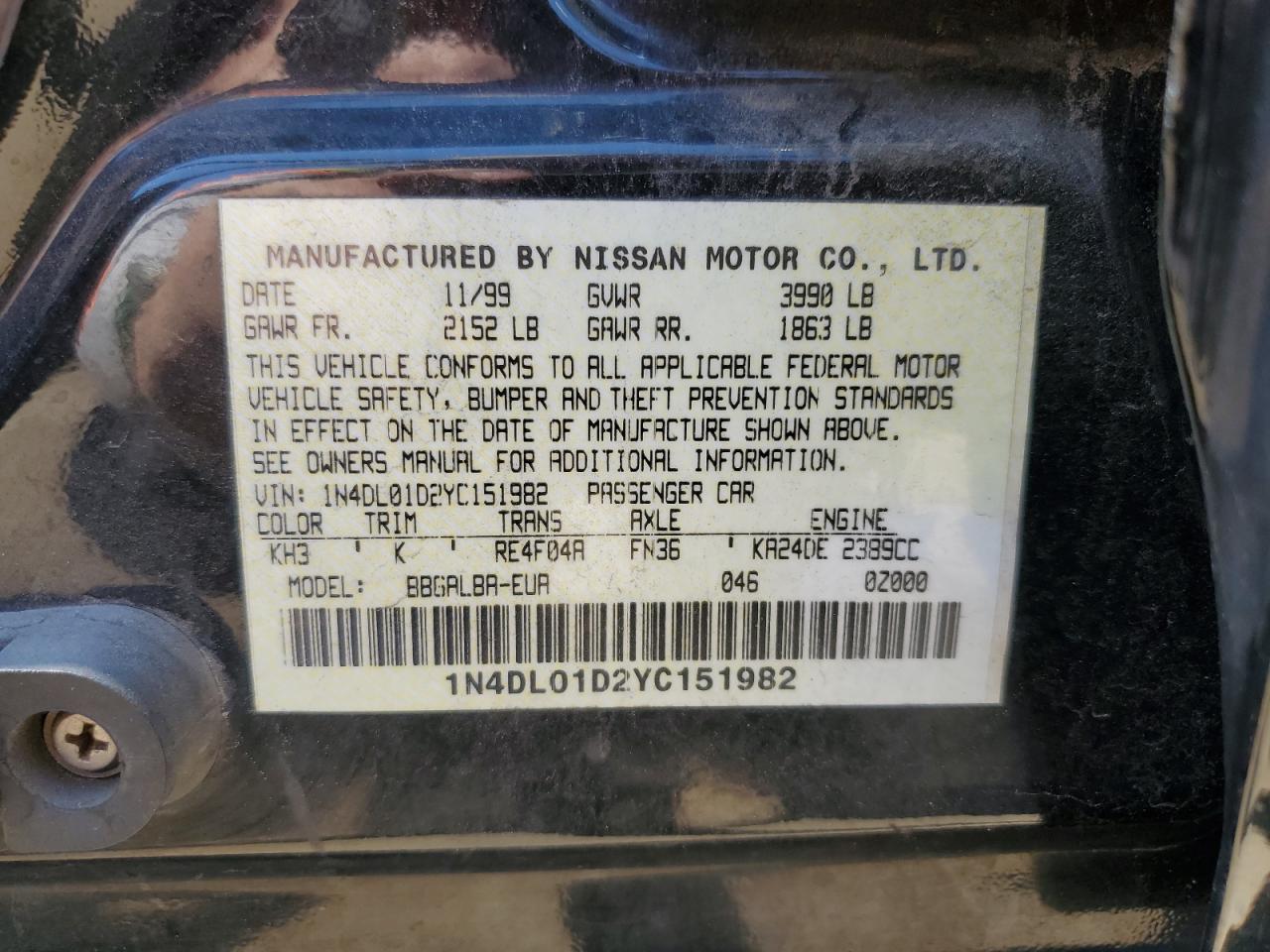 1N4DL01D2YC151982 2000 Nissan Altima Xe