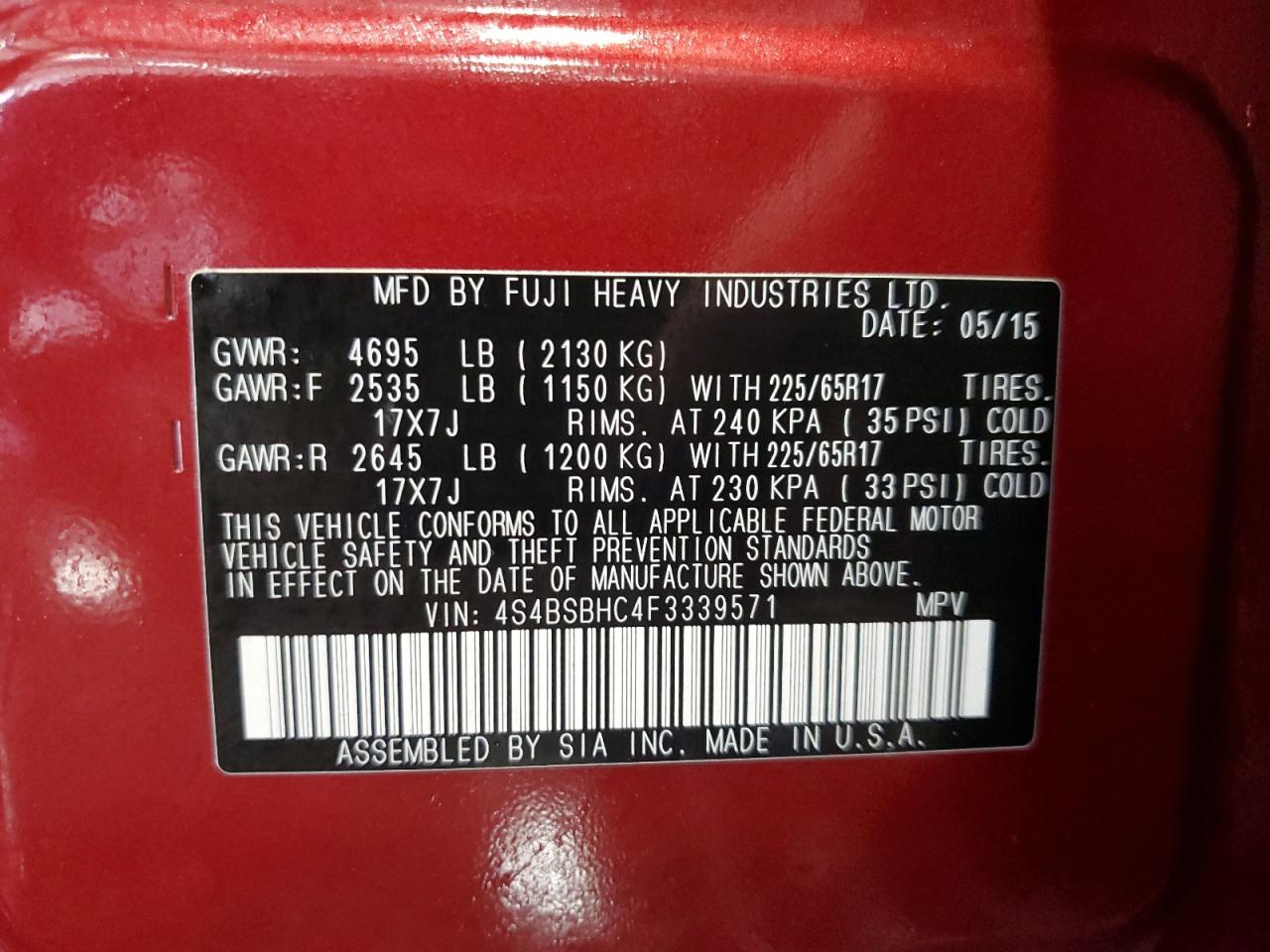 4S4BSBHC4F3339571 2015 Subaru Outback 2.5I Premium