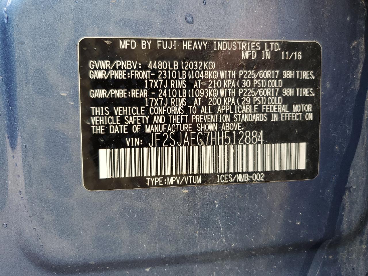 JF2SJAEC7HH512884 2017 Subaru Forester 2.5I Premium