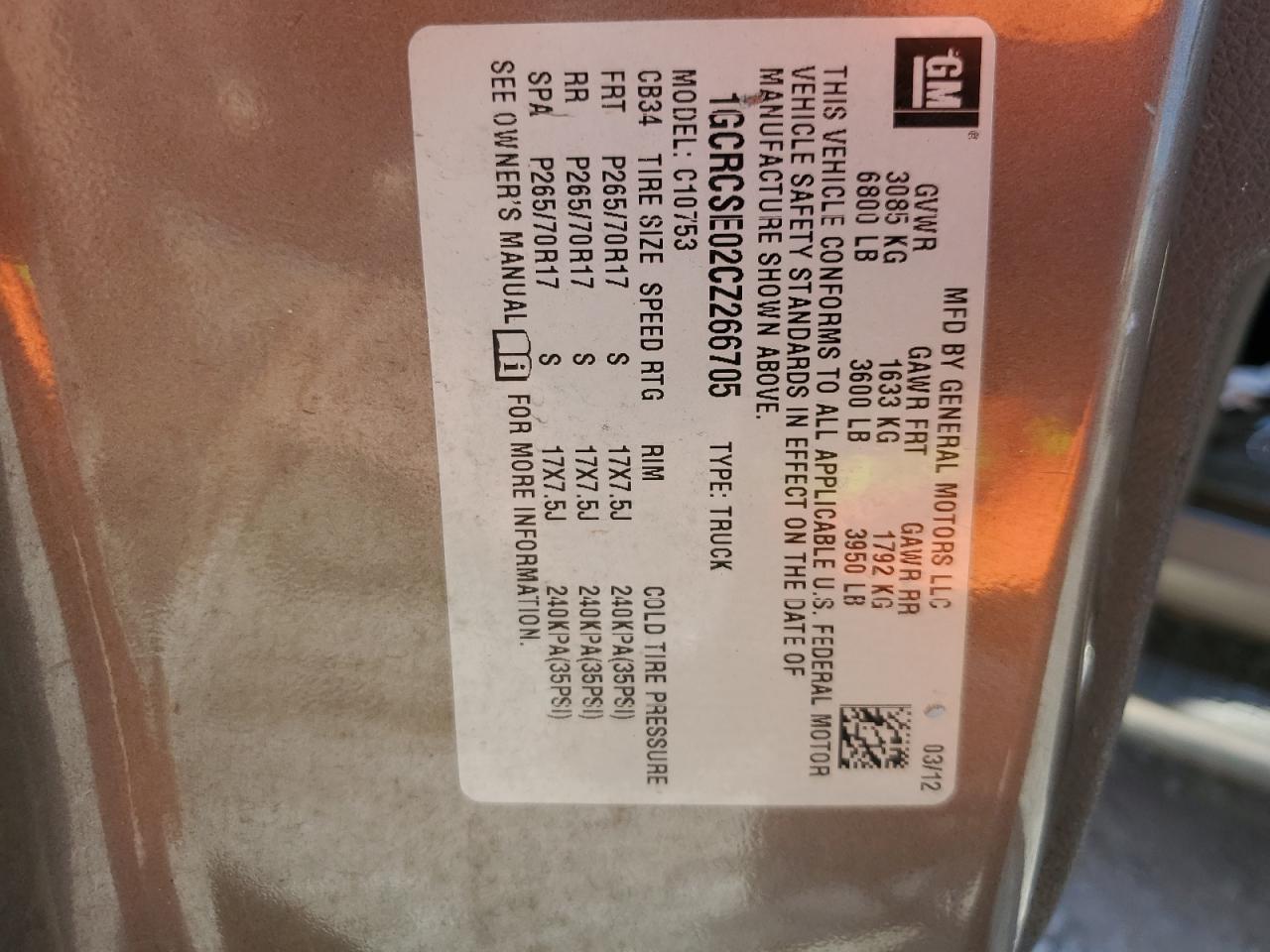 1GCRCSE02CZ266705 2012 Chevrolet Silverado C1500 Lt