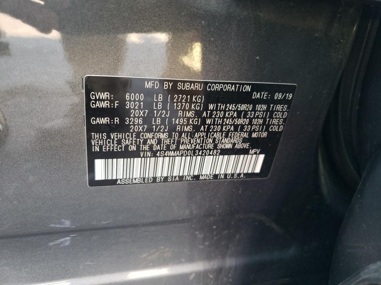 4S4WMAPD0L3420482 2020 Subaru Ascent Limited