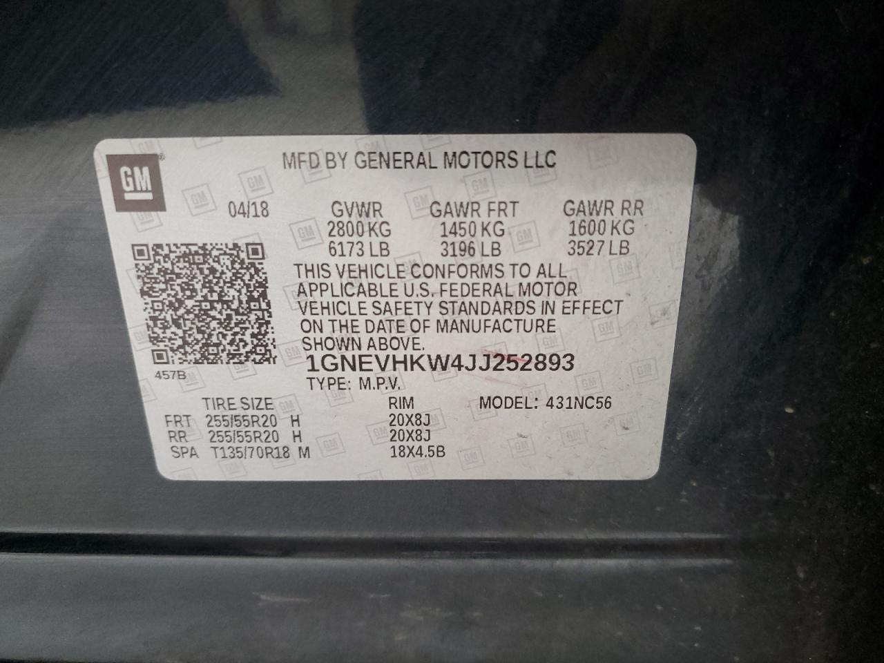 1GNEVHKW4JJ252893 2018 Chevrolet Traverse Lt