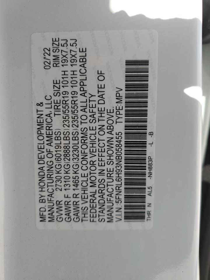 5FNRL6H93NB058455 2022 Honda Odyssey Elite