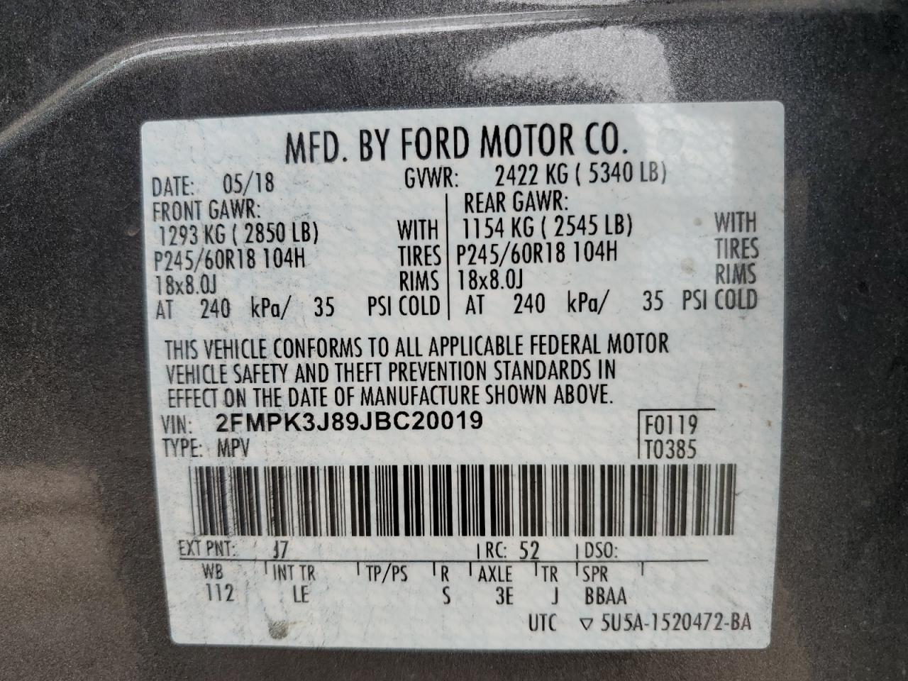 2FMPK3J89JBC20019 2018 Ford Edge Sel