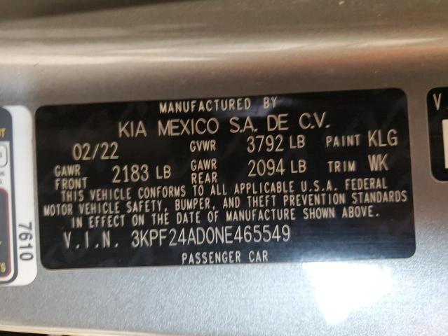 2022 Kia Forte Fe VIN: 3KPF24AD0NE465549 Lot: 62133474