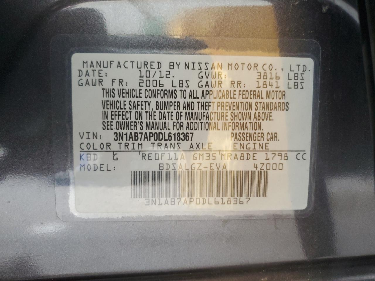 3N1AB7AP0DL618367 2013 Nissan Sentra S