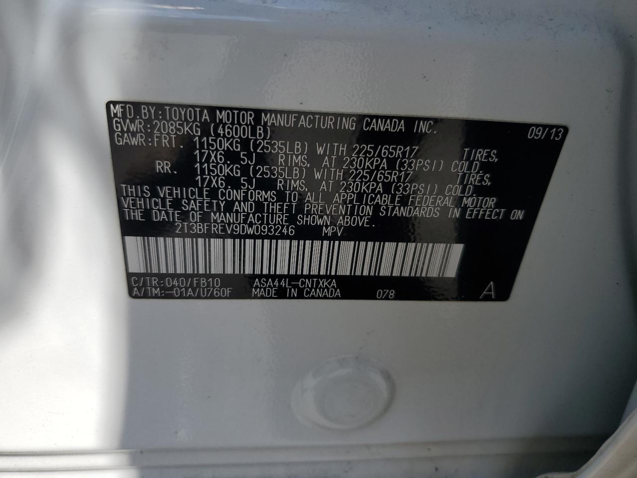 2T3BFREV9DW093246 2013 Toyota Rav4 Le