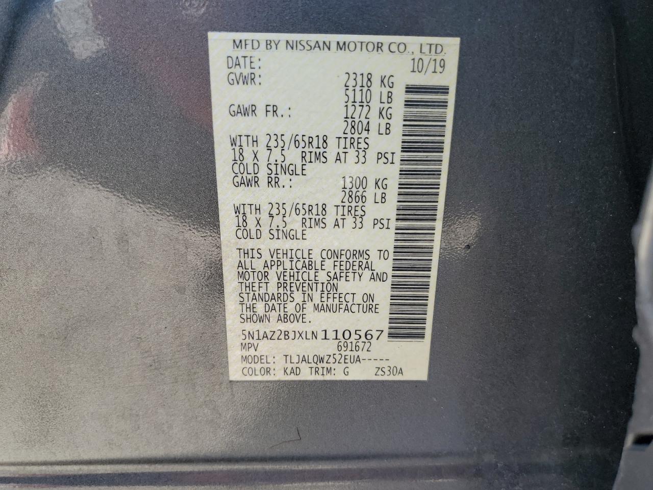 5N1AZ2BJXLN110567 2020 Nissan Murano Sv