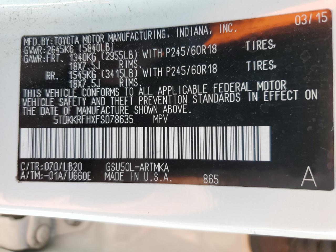 5TDKKRFHXFS078635 2015 Toyota Highlander Xle