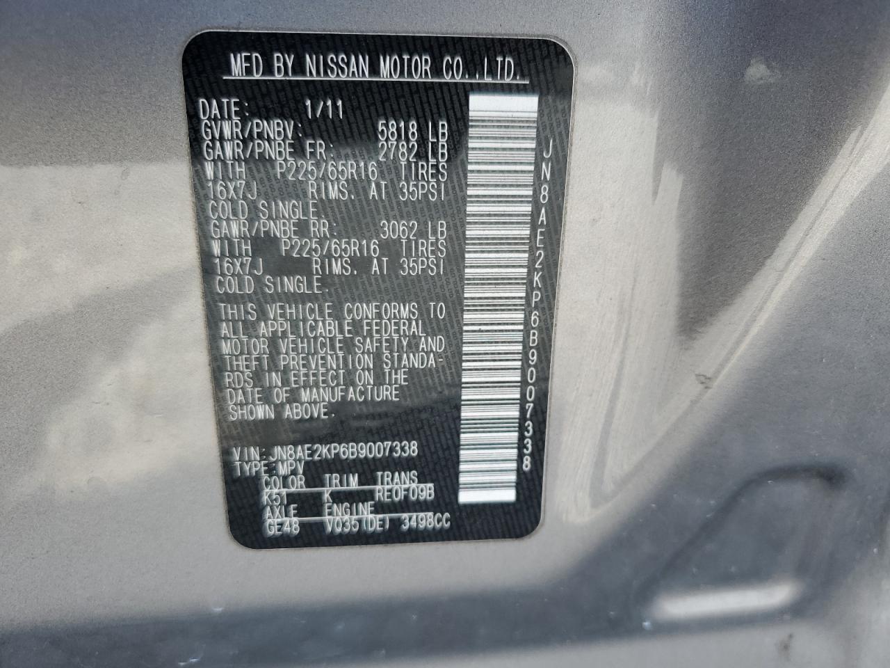 JN8AE2KP6B9007338 2011 Nissan Quest S