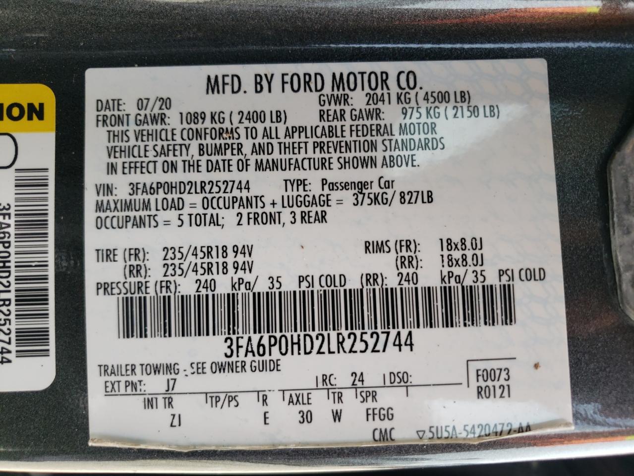 3FA6P0HD2LR252744 2020 Ford Fusion Se