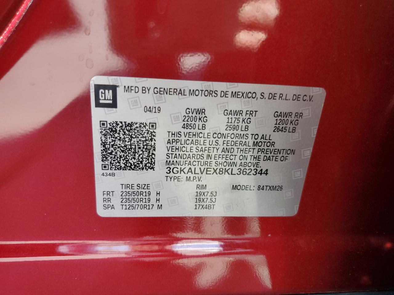 3GKALVEX8KL362344 2019 GMC Terrain Slt