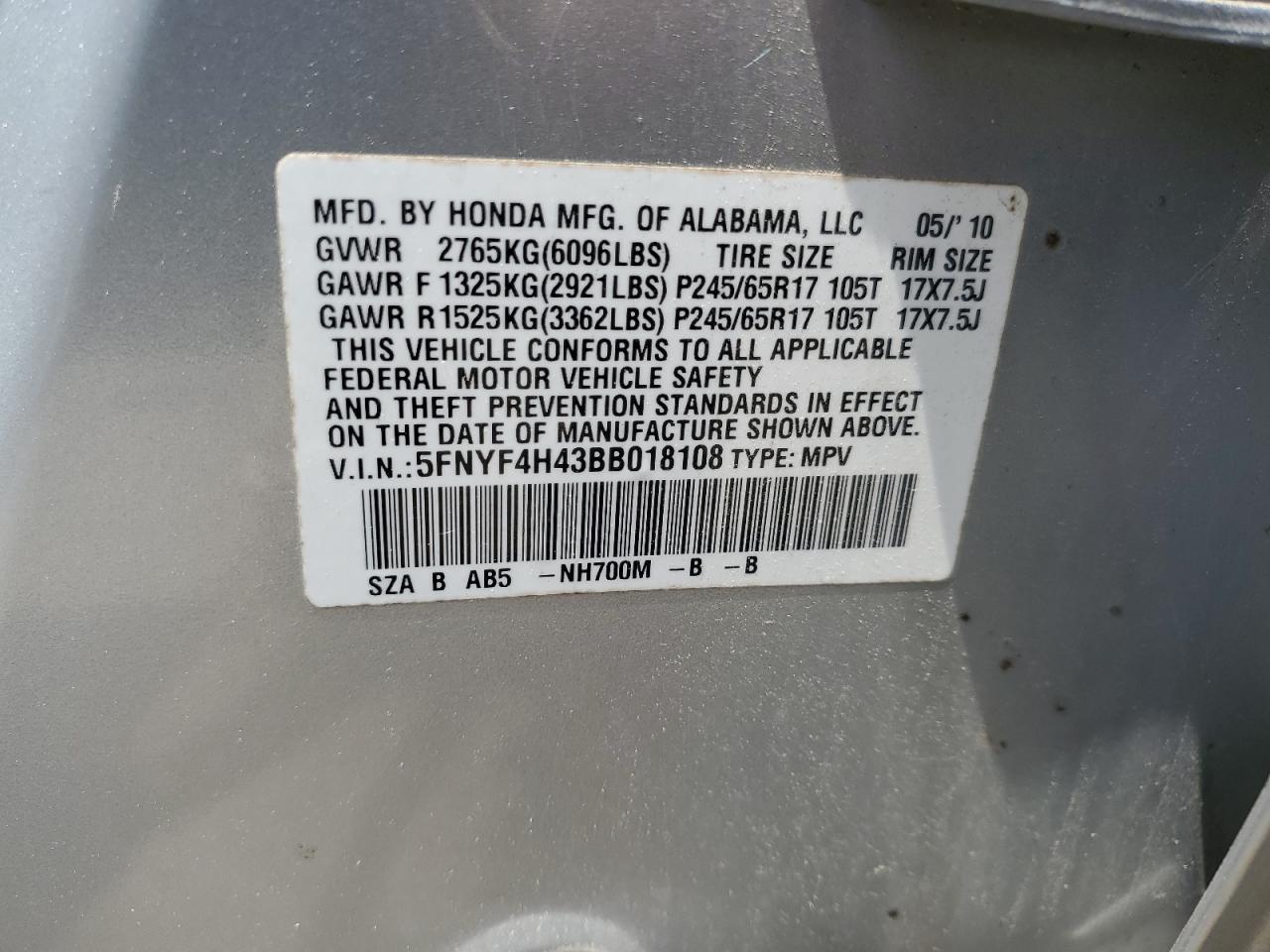 5FNYF4H43BB018108 2011 Honda Pilot Ex