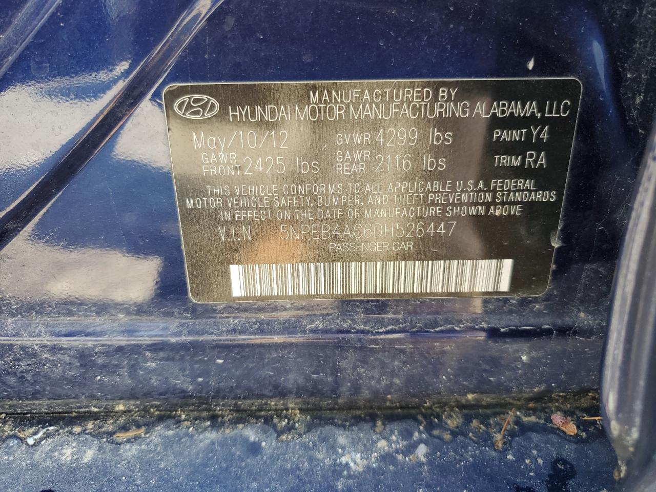 5NPEB4AC6DH526447 2013 Hyundai Sonata Gls