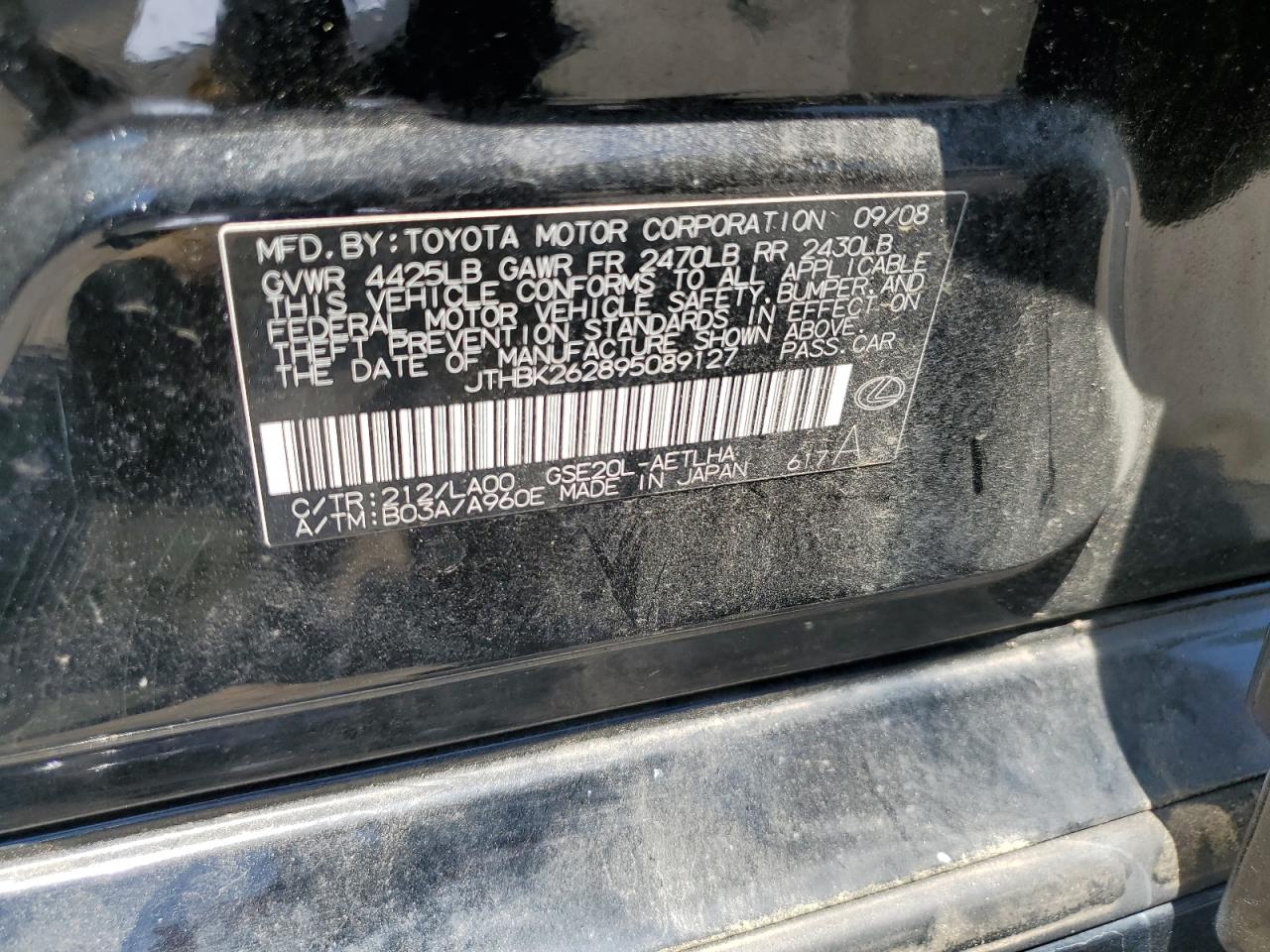 JTHBK262895089127 2009 Lexus Is 250