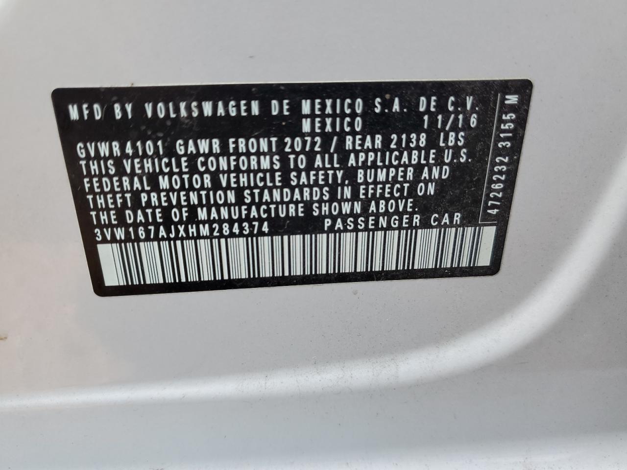 3VW167AJXHM284374 2017 Volkswagen Jetta S