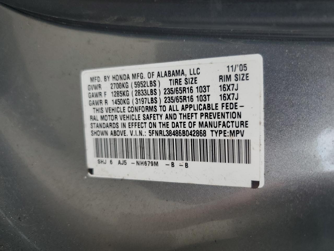 5FNRL38486B042868 2006 Honda Odyssey Ex