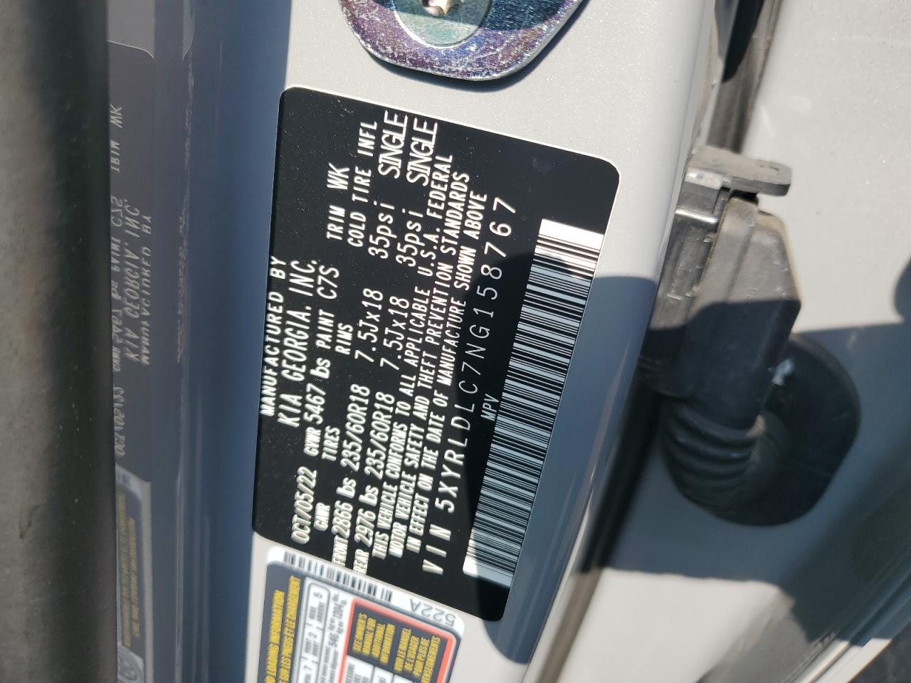 5XYRLDLC7NG158767 2022 Kia Sorento S