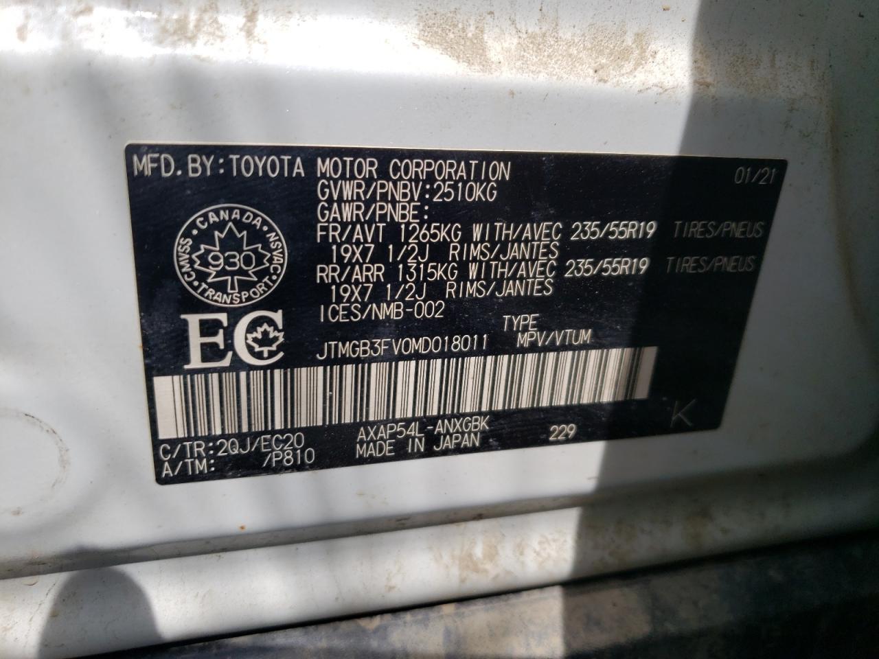 JTMGB3FV0MD018011 2021 Toyota Rav4 Prime Se