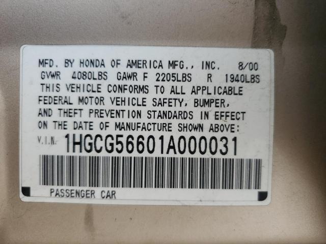 2001 Honda Accord Ex VIN: 1HGCG56601A000031 Lot: 60550134