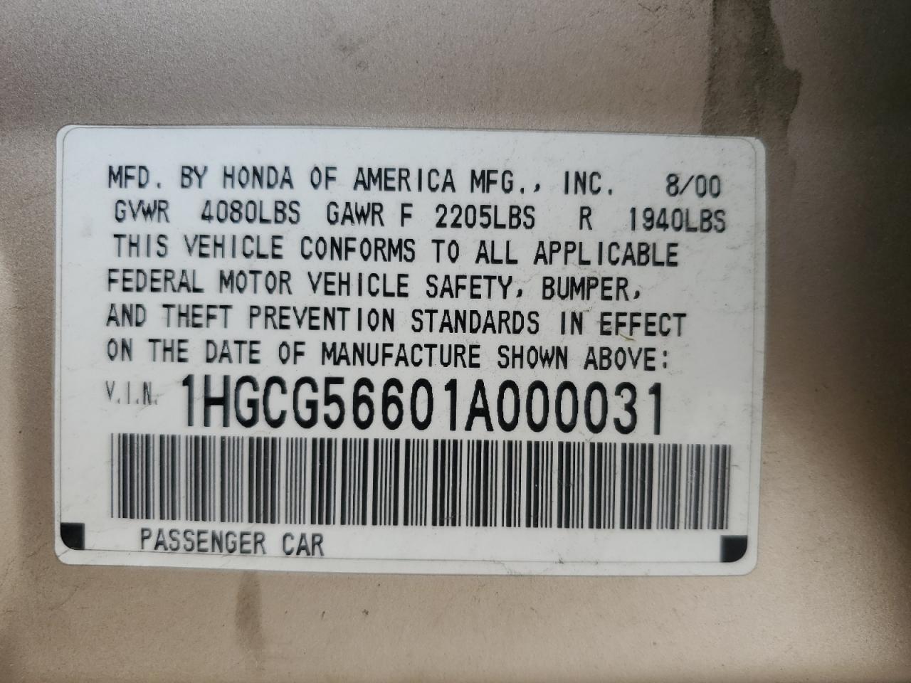 1HGCG56601A000031 2001 Honda Accord Ex