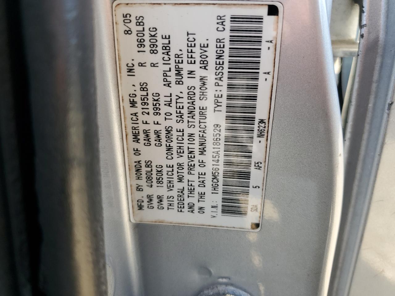 1HGCM56145A186529 2005 Honda Accord Dx