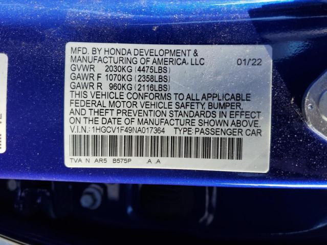 VIN 1HGCV1F49NA017364 2022 Honda Accord, Sport Se no.12