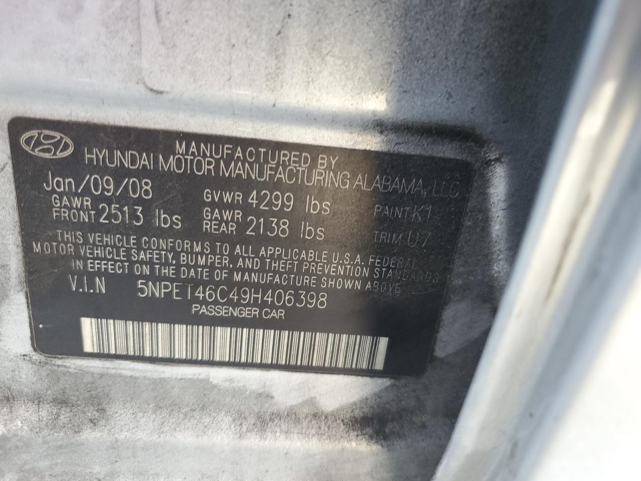 5NPET46C49H406398 2009 Hyundai Sonata Gls