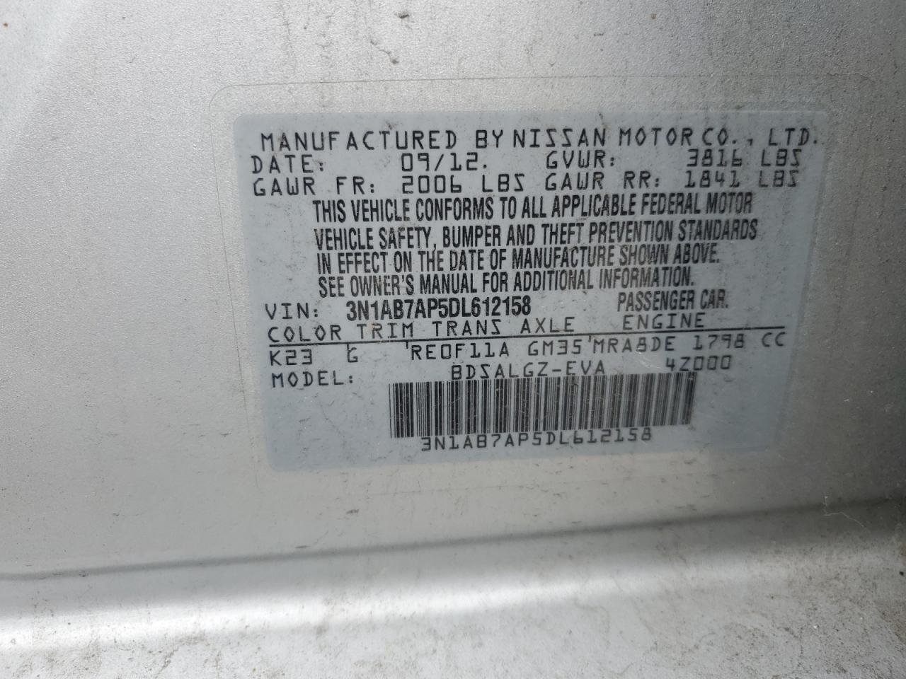 3N1AB7AP5DL612158 2013 Nissan Sentra S