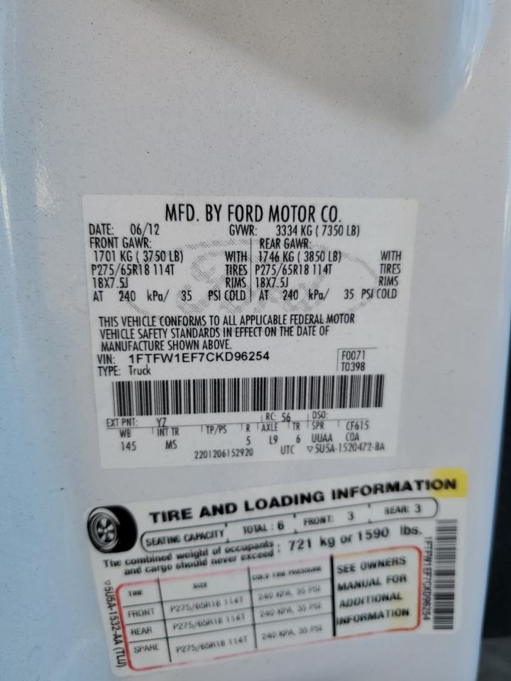 1FTFW1EF7CKD96254 2012 Ford F150 Supercrew