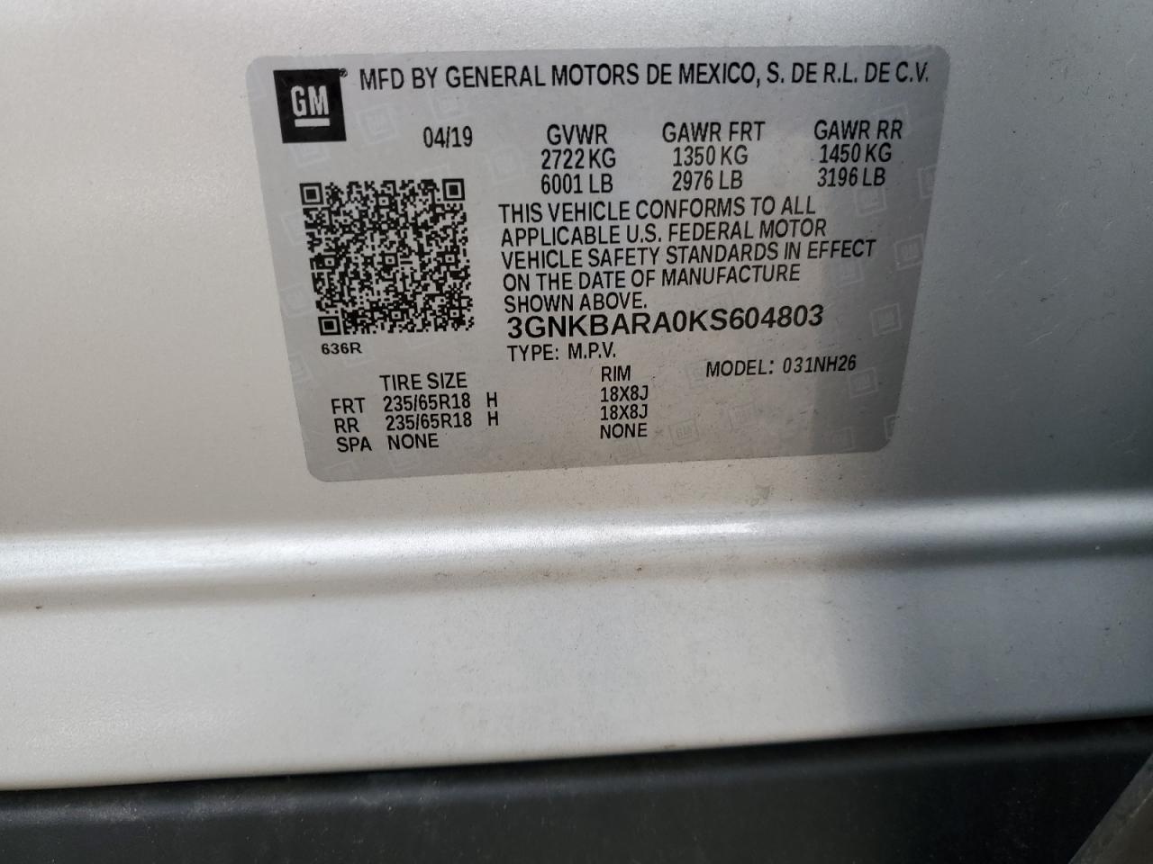 3GNKBARA0KS604803 2019 Chevrolet Blazer L