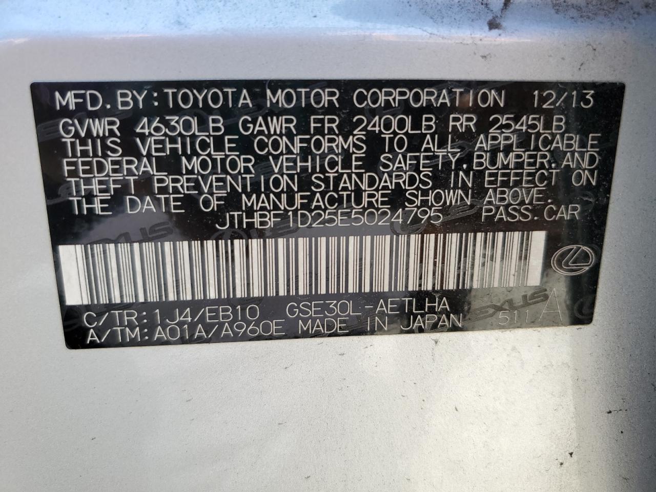 JTHBF1D25E5024795 2014 Lexus Is 250