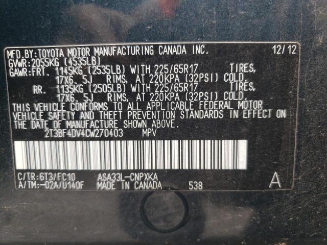 2012 Toyota Rav4 VIN: 2T3BF4DV4CW270403 Lot: 62725664