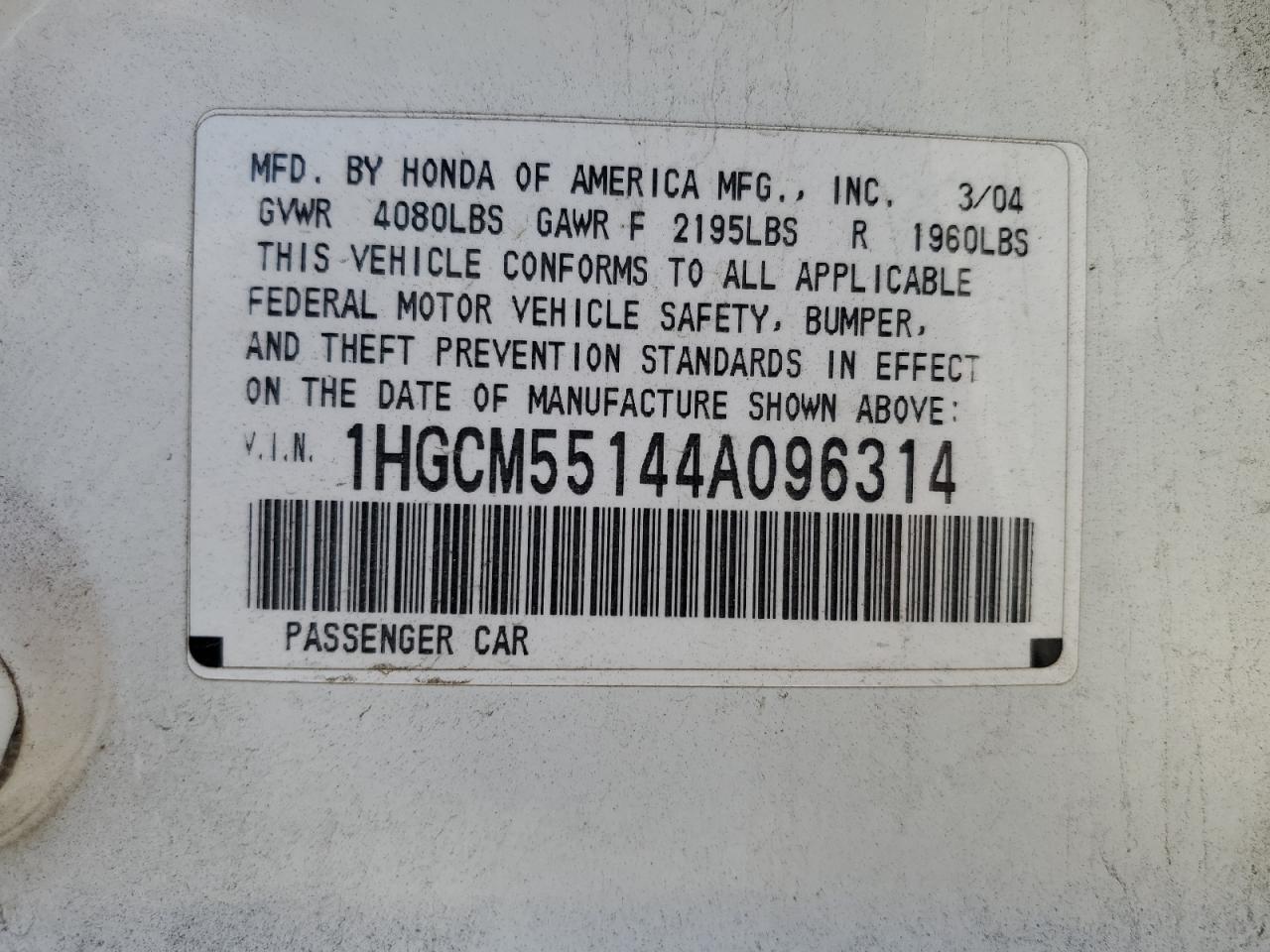 1HGCM55144A096314 2004 Honda Accord Dx