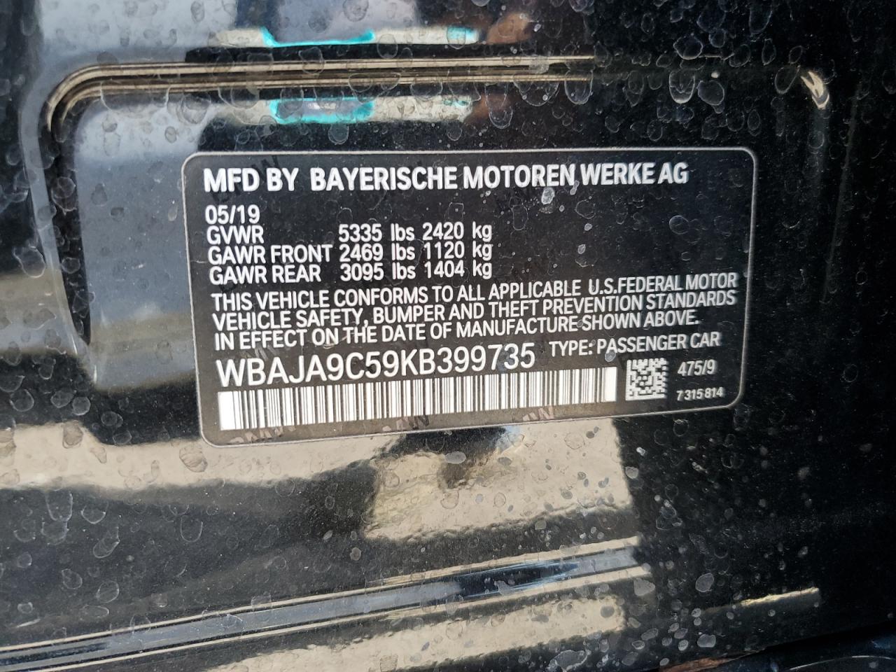 WBAJA9C59KB399735 2019 BMW 530E