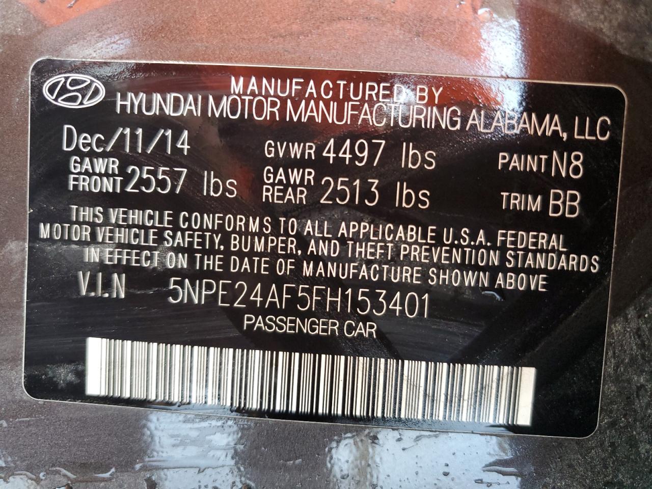 5NPE24AF5FH153401 2015 Hyundai Sonata Se