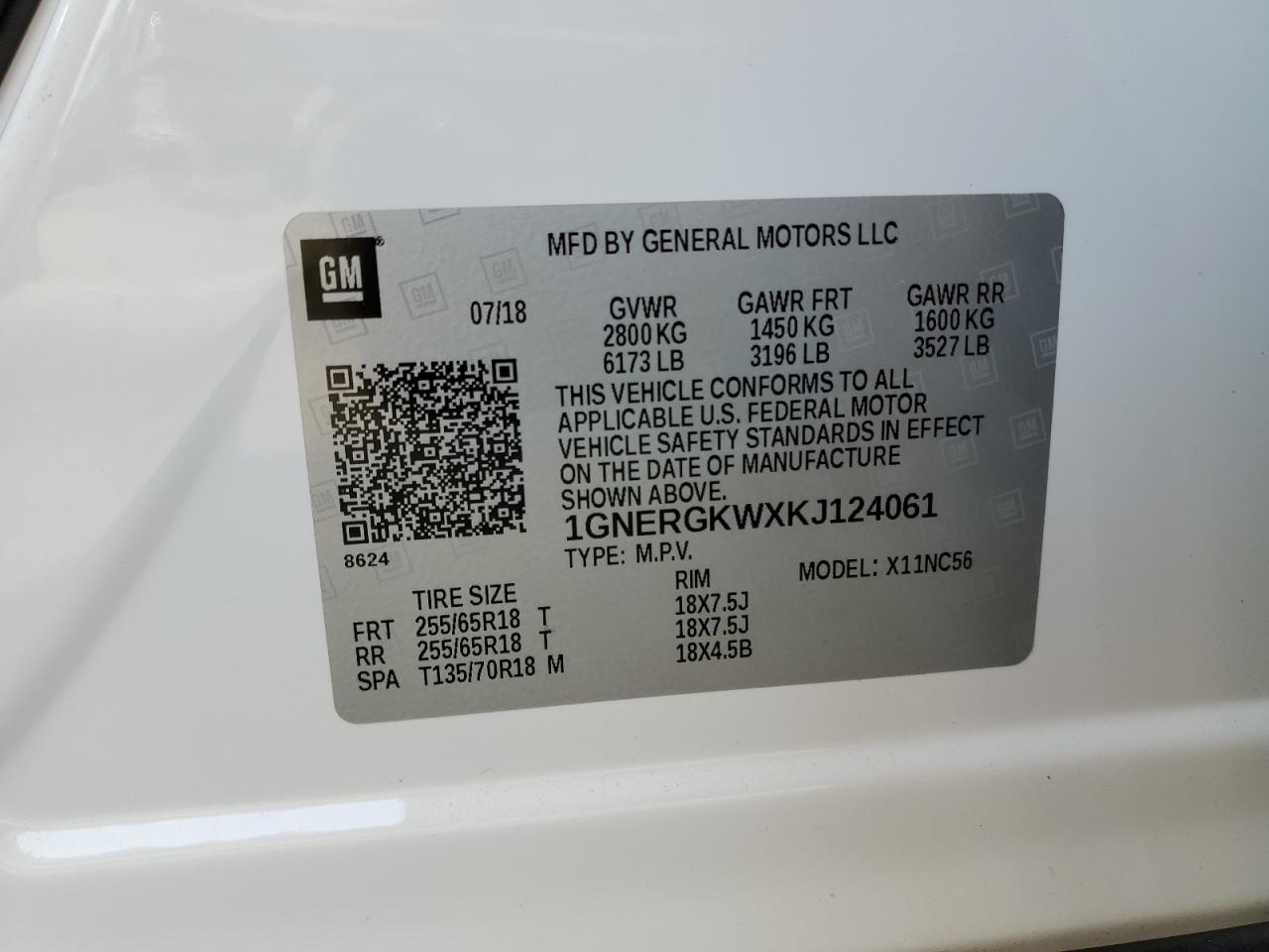 1GNERGKWXKJ124061 2019 Chevrolet Traverse Lt