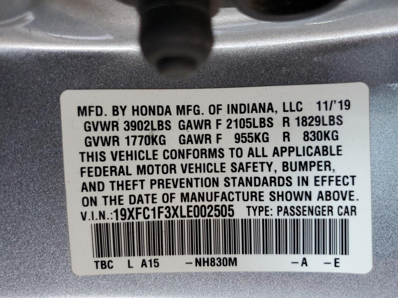 19XFC1F3XLE002505 2020 Honda Civic Ex
