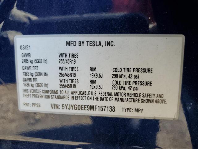 VIN 5YJYGDEE9MF157138 2021 Tesla MODEL Y no.12