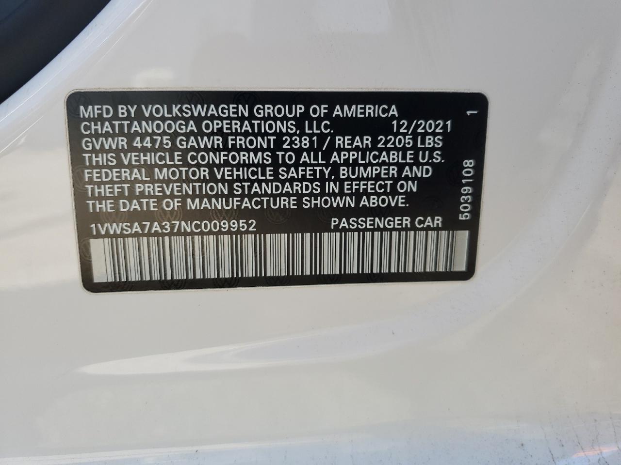 1VWSA7A37NC009952 2022 Volkswagen Passat Se