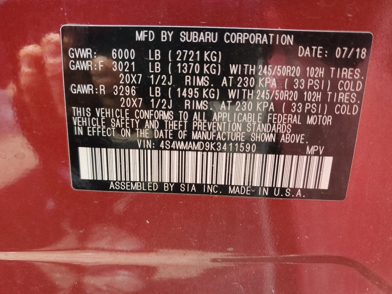 4S4WMAMD9K3411590 2019 Subaru Ascent Limited