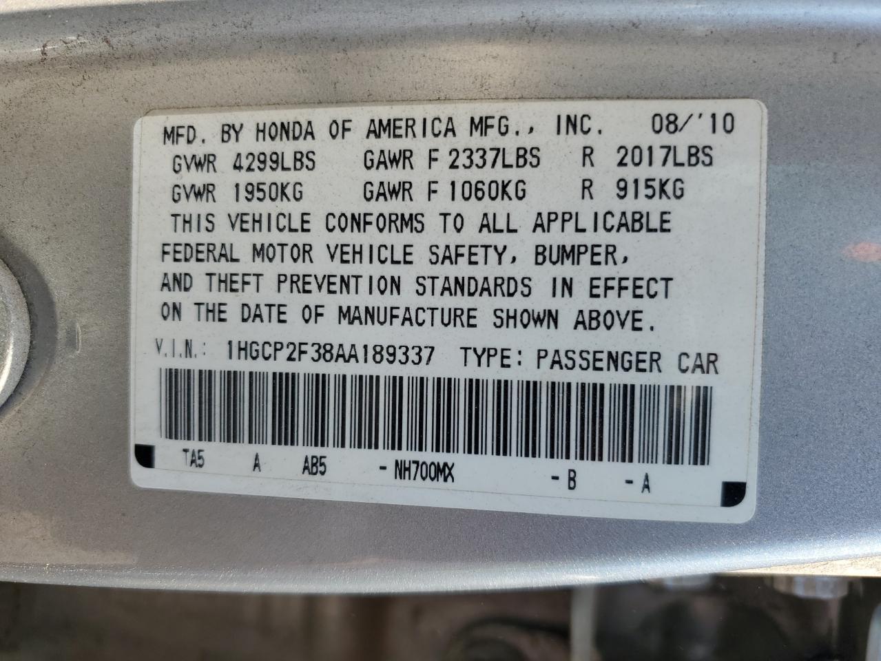 1HGCP2F38AA189337 2010 Honda Accord Lx